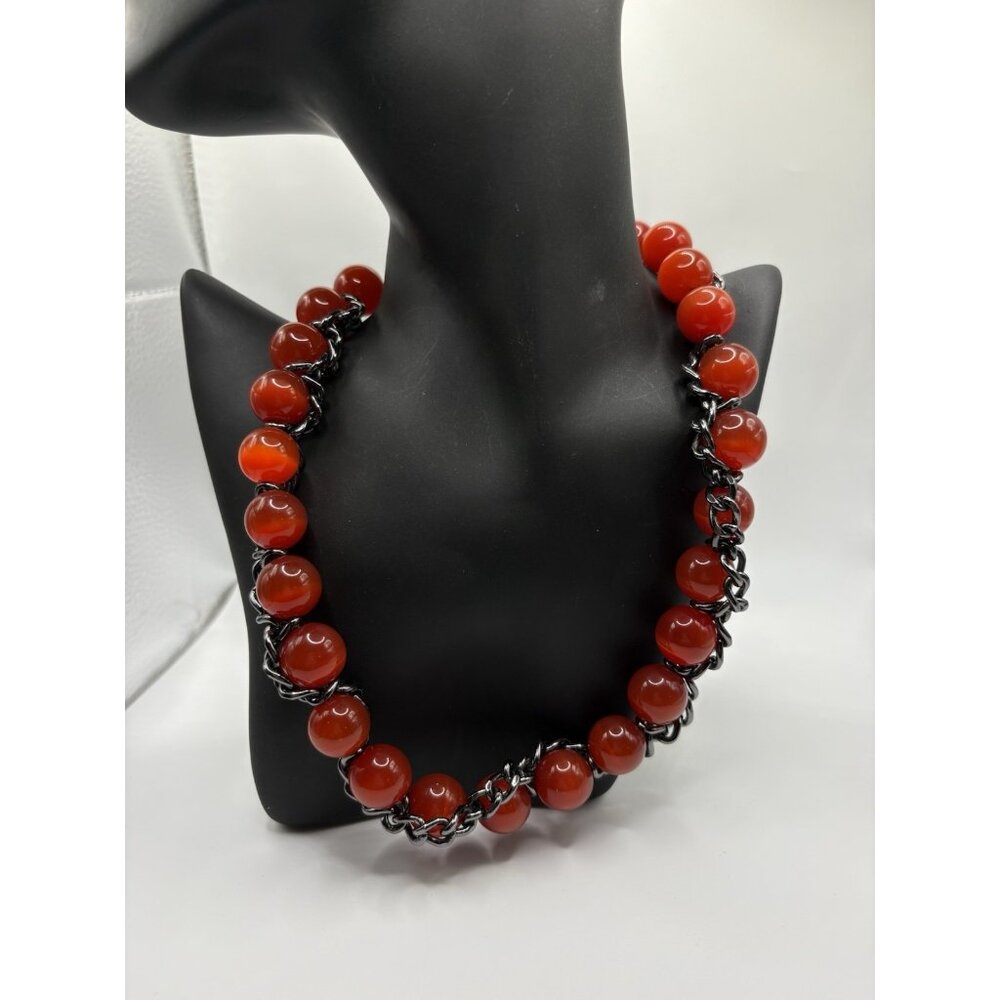 Tuleste Red Glass Heavy Beaded Necklace Gunmetal Chain Statement Goth Alt